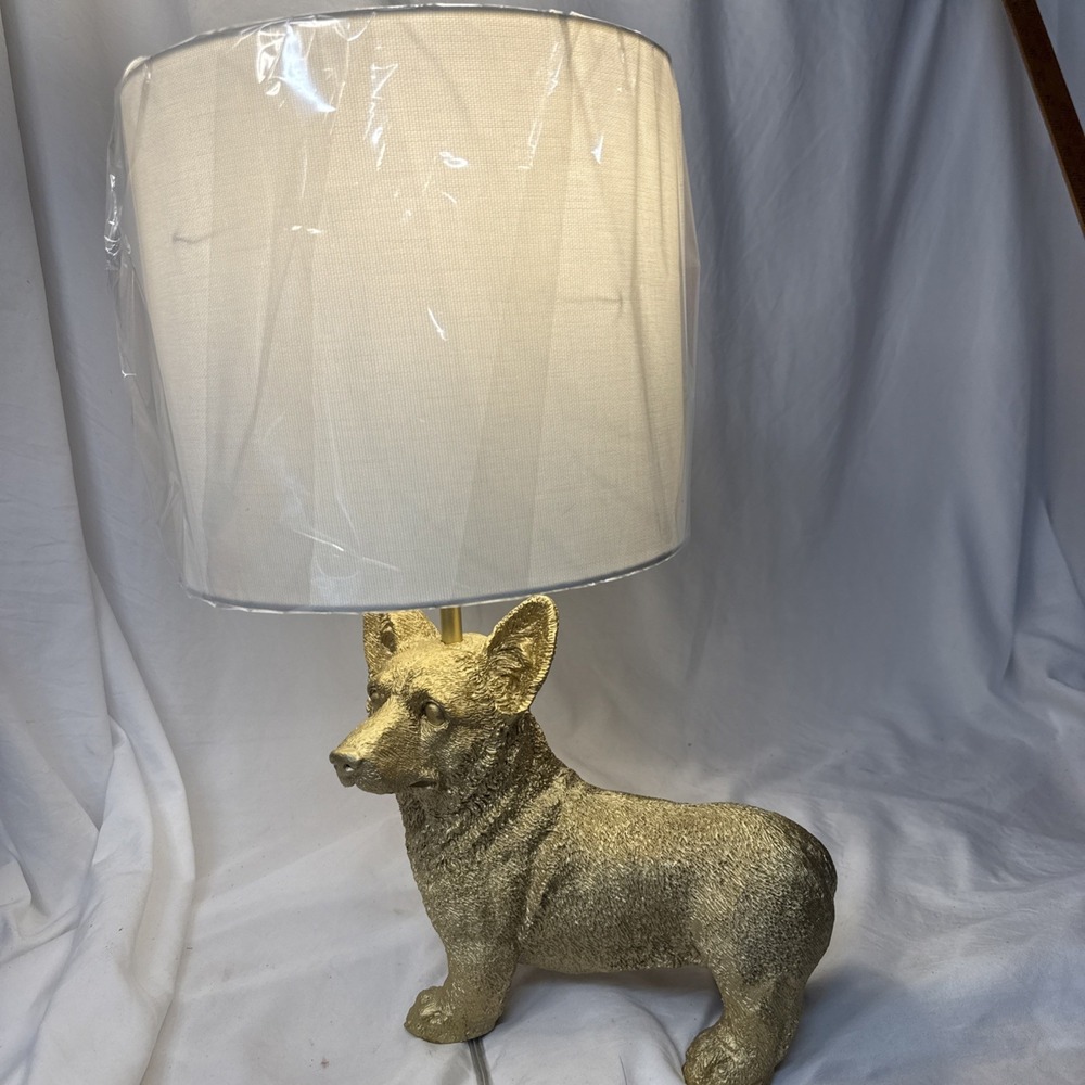 Marshall's Homesense Corgi Dog Brushed Gold Table Lamp White Shade NEW